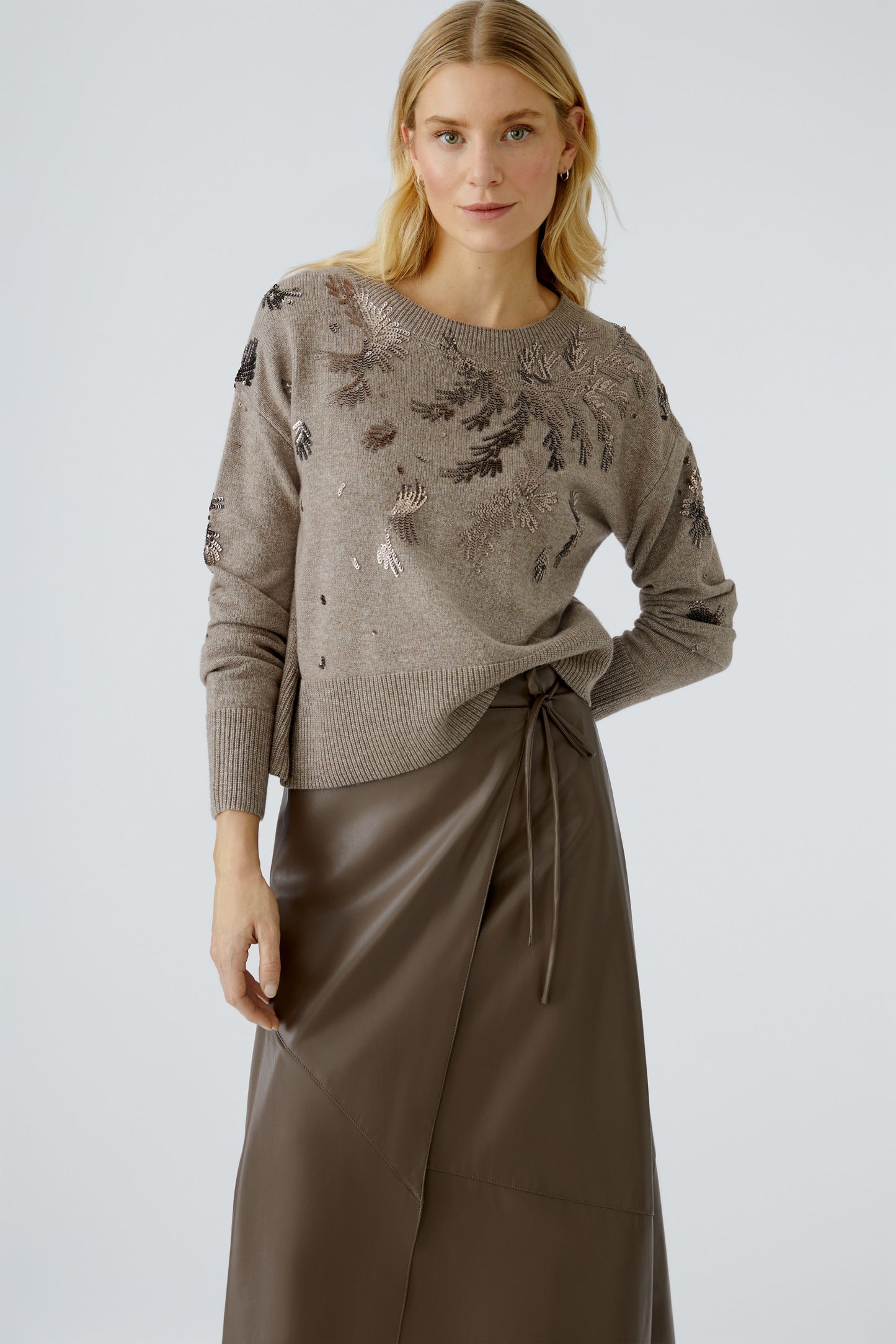 Oui Taupe Leather Look Wrap Skirt