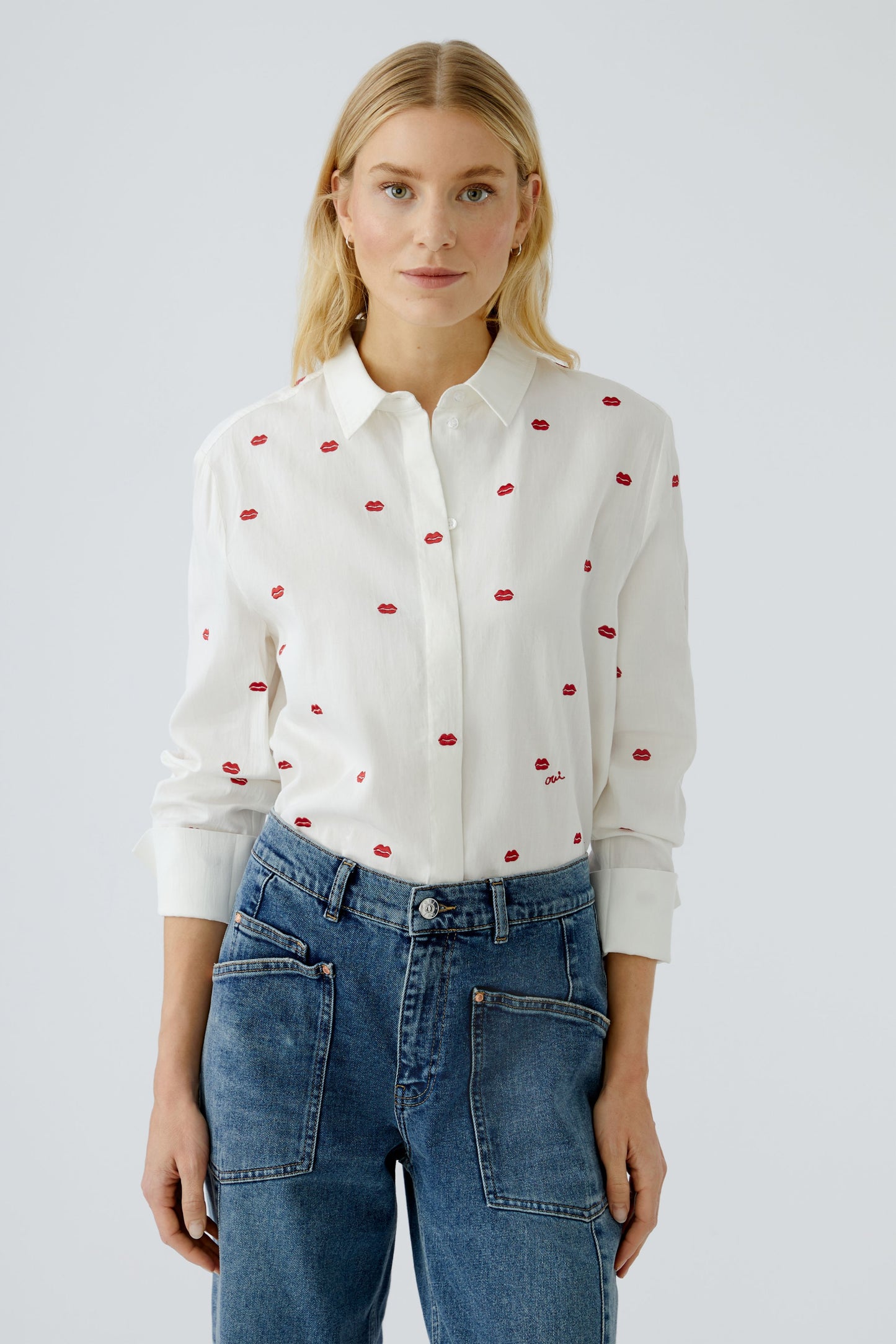 Oui White/Red Lip Motif Shirt
