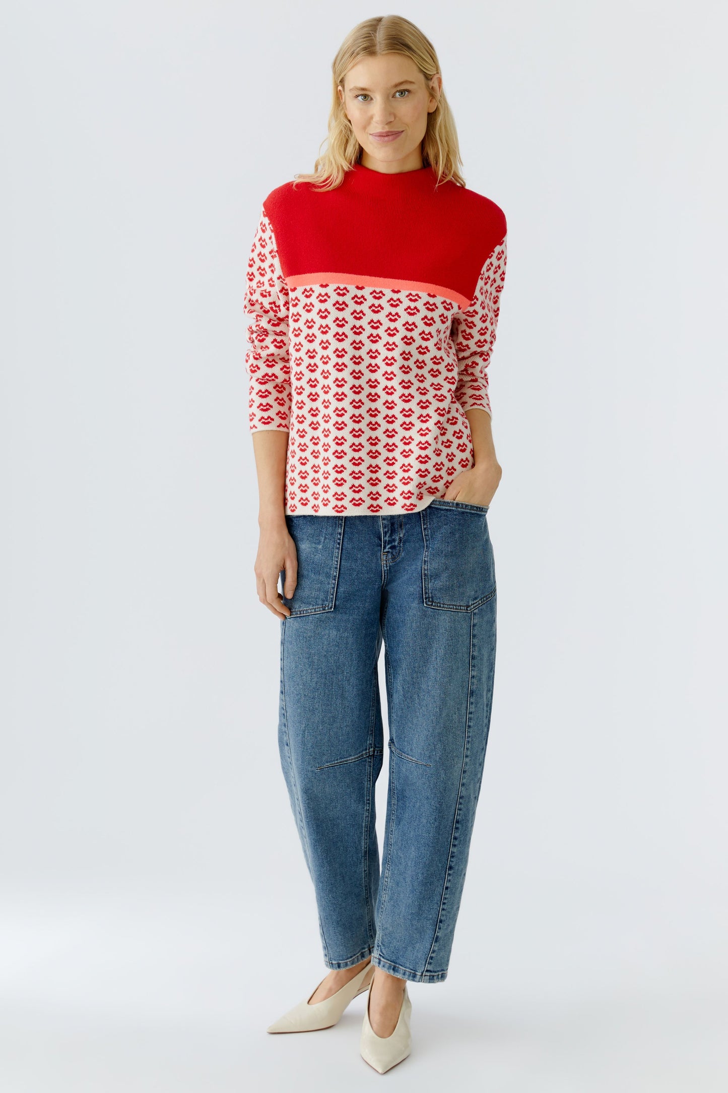 Oui Red/White/Neon Lips Motif Jumper
