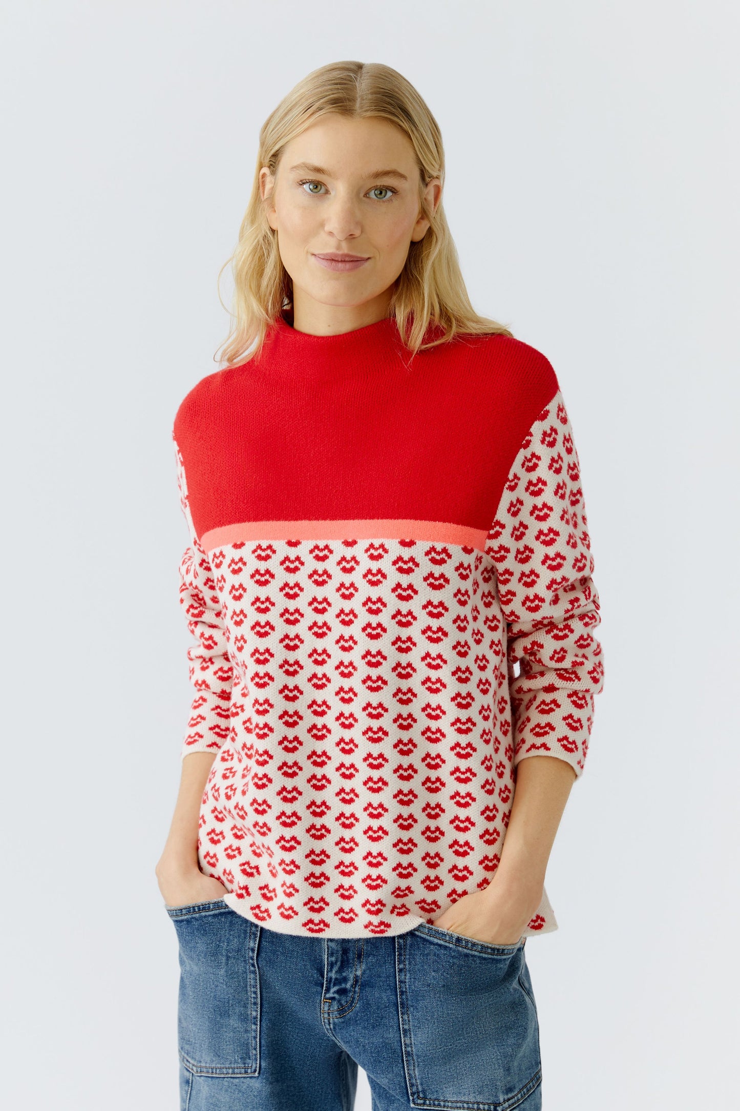 Oui Red/White/Neon Lips Motif Jumper