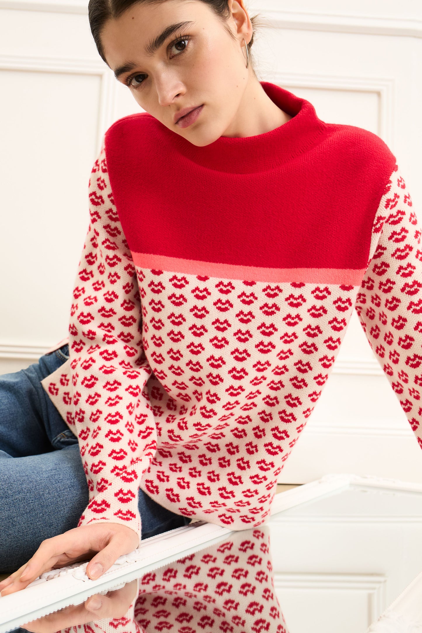 Oui Red/White/Neon Lips Motif Jumper