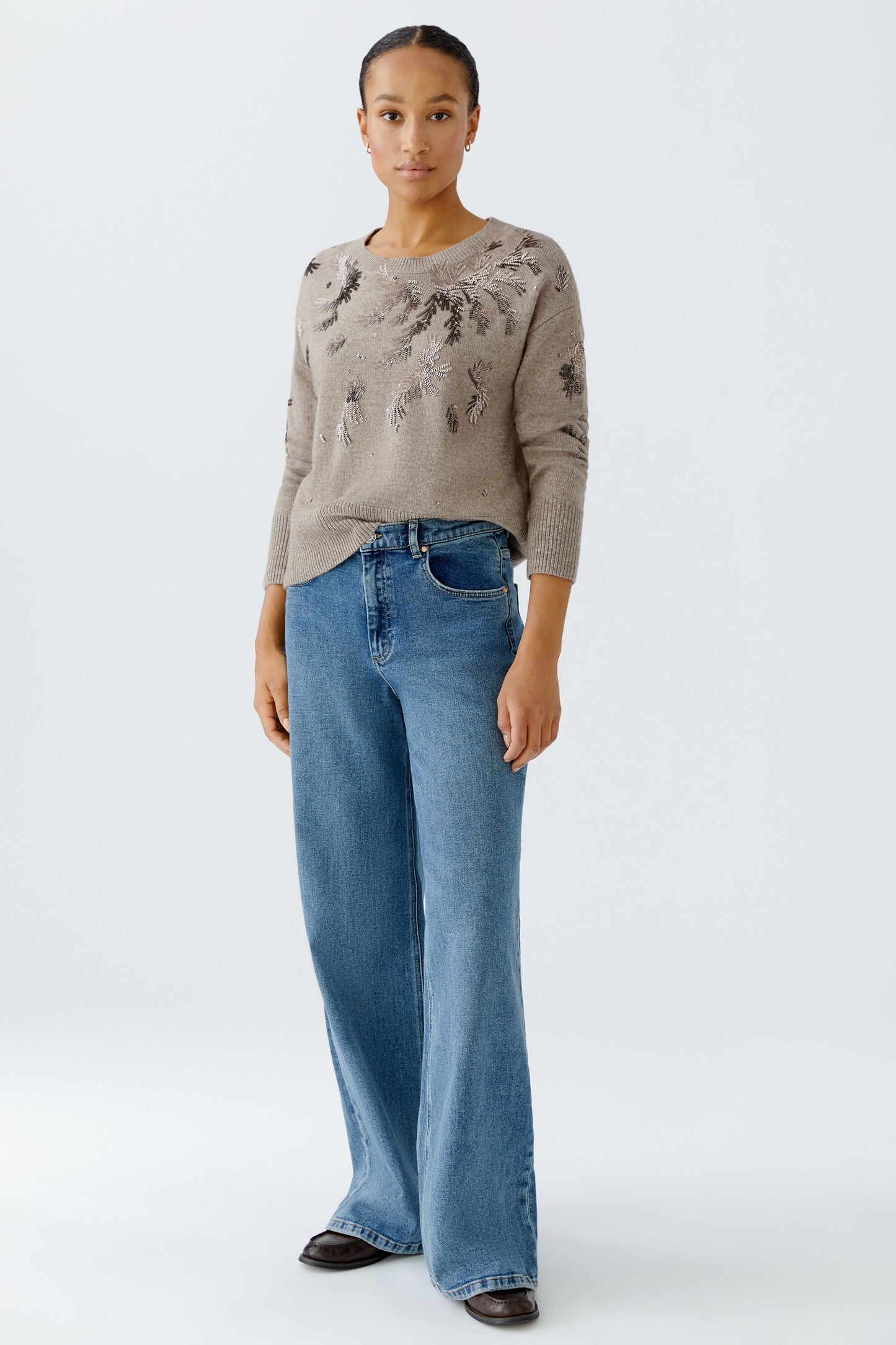 Oui Smokey Taupe Sequin Motif Jumper