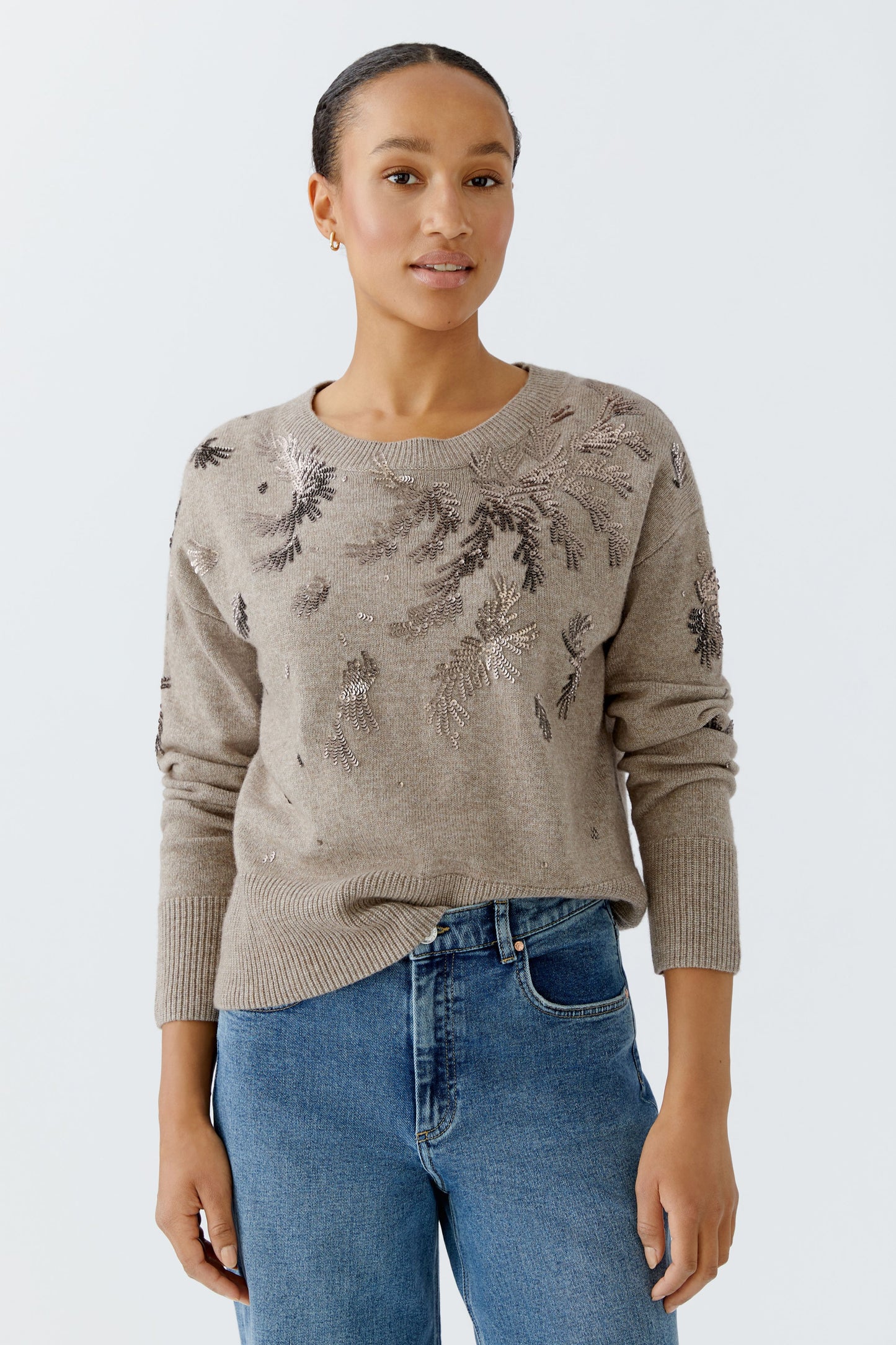 Oui Smokey Taupe Sequin Motif Jumper