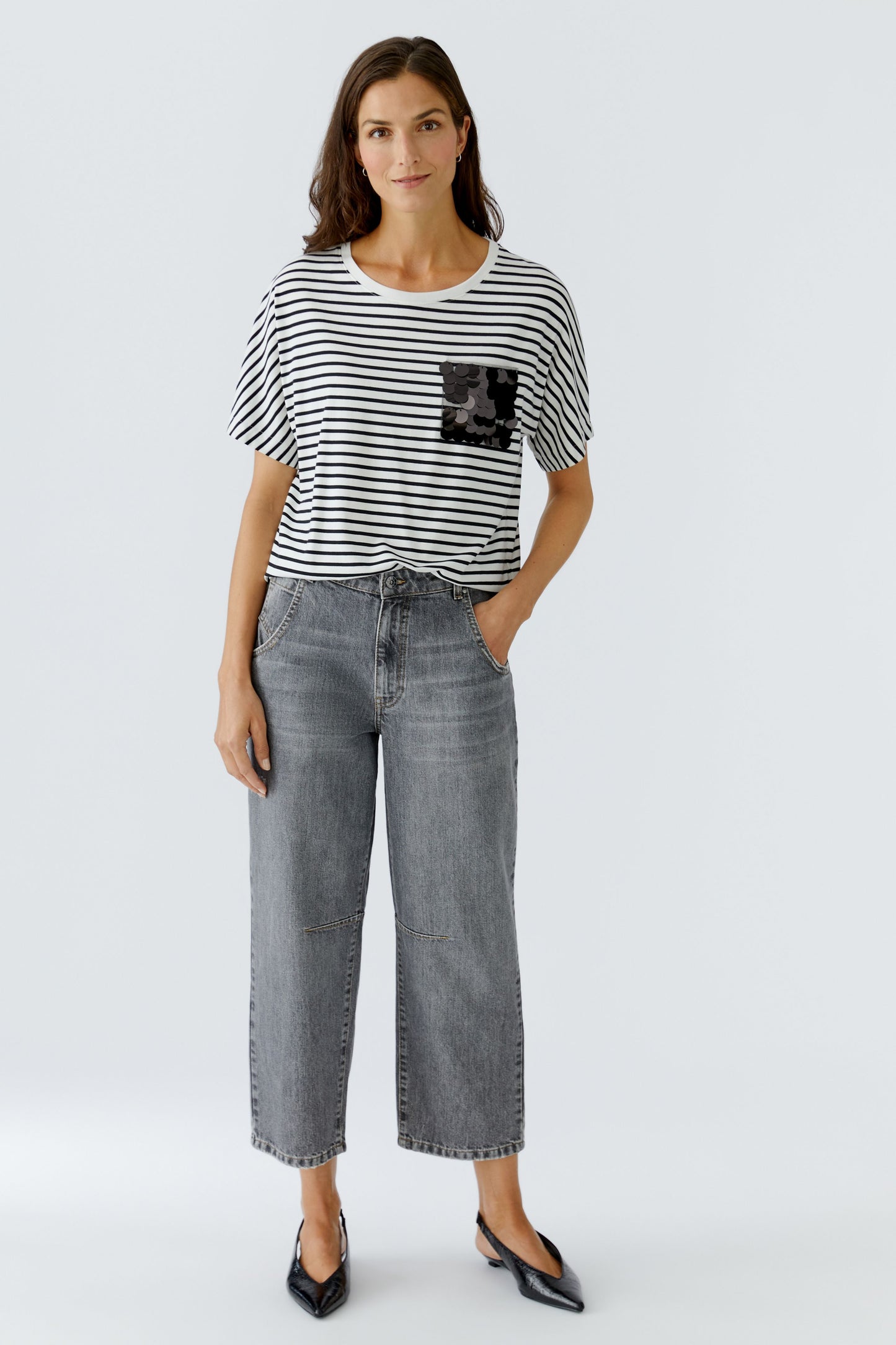 Oui White/Black Stripe T-Shirt w/Sequin Pocket