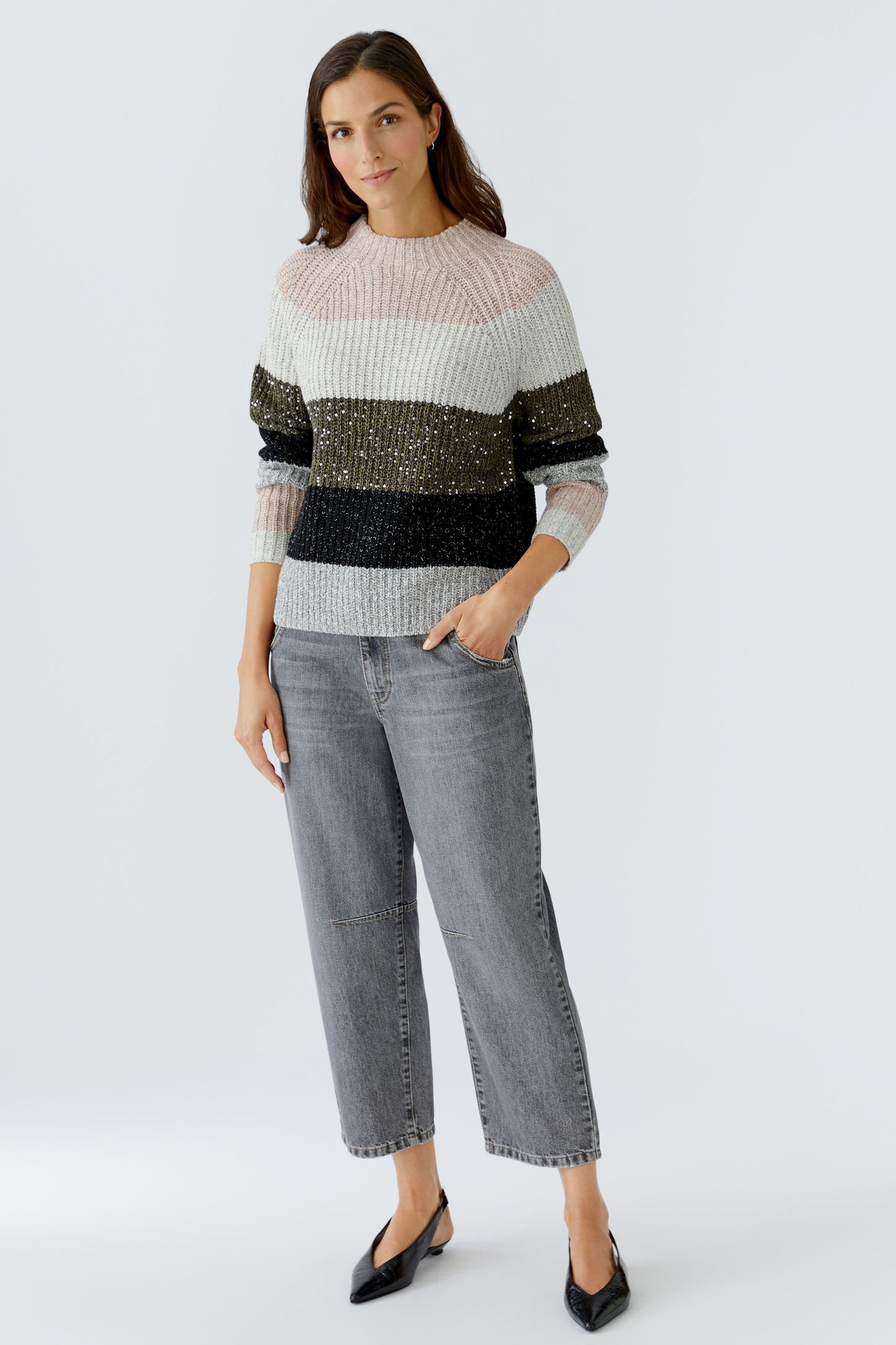 Oui Khaki/Rose Sequin/Metallic Striped Jumper