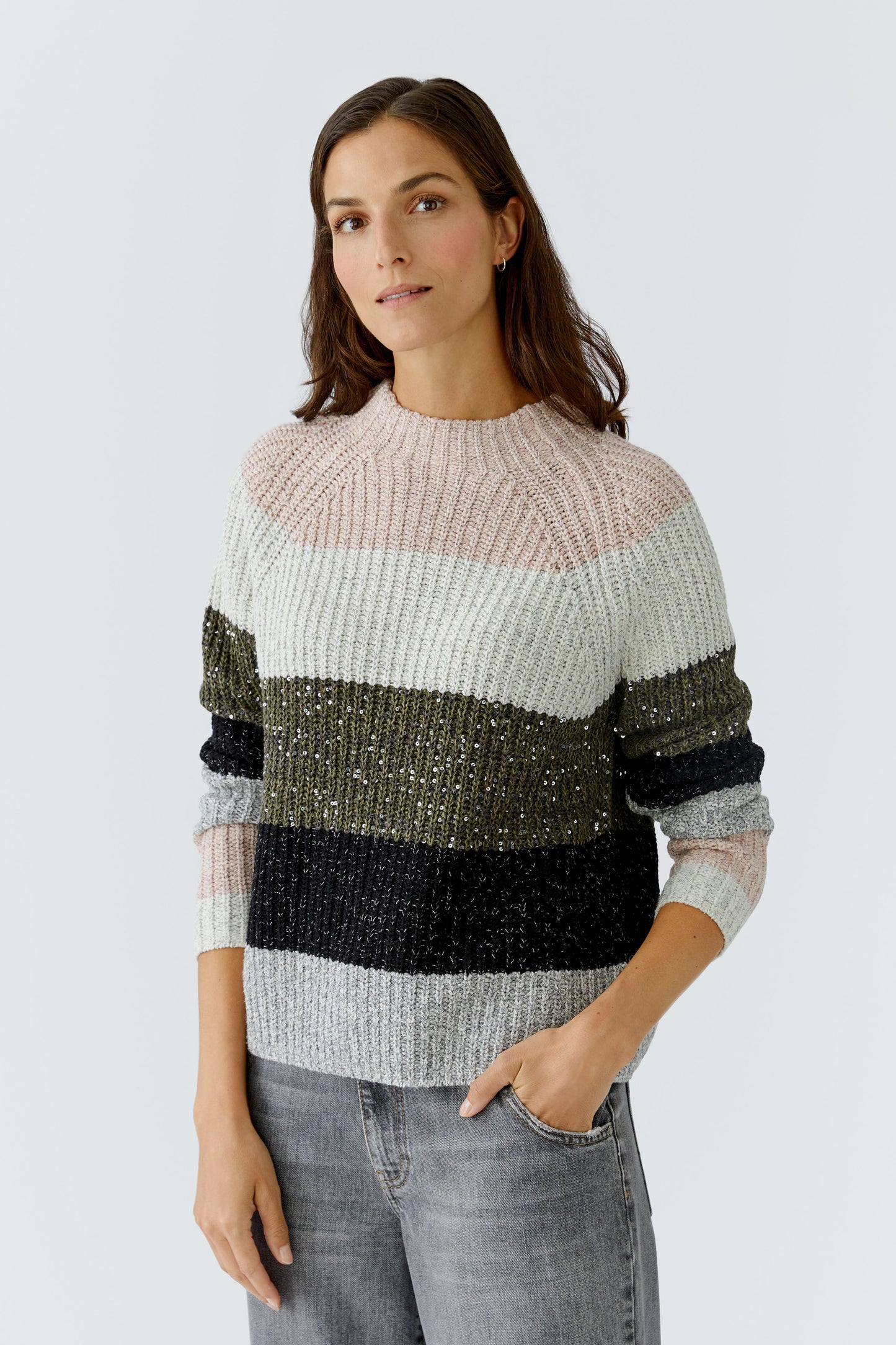 Oui Khaki/Rose Sequin/Metallic Striped Jumper
