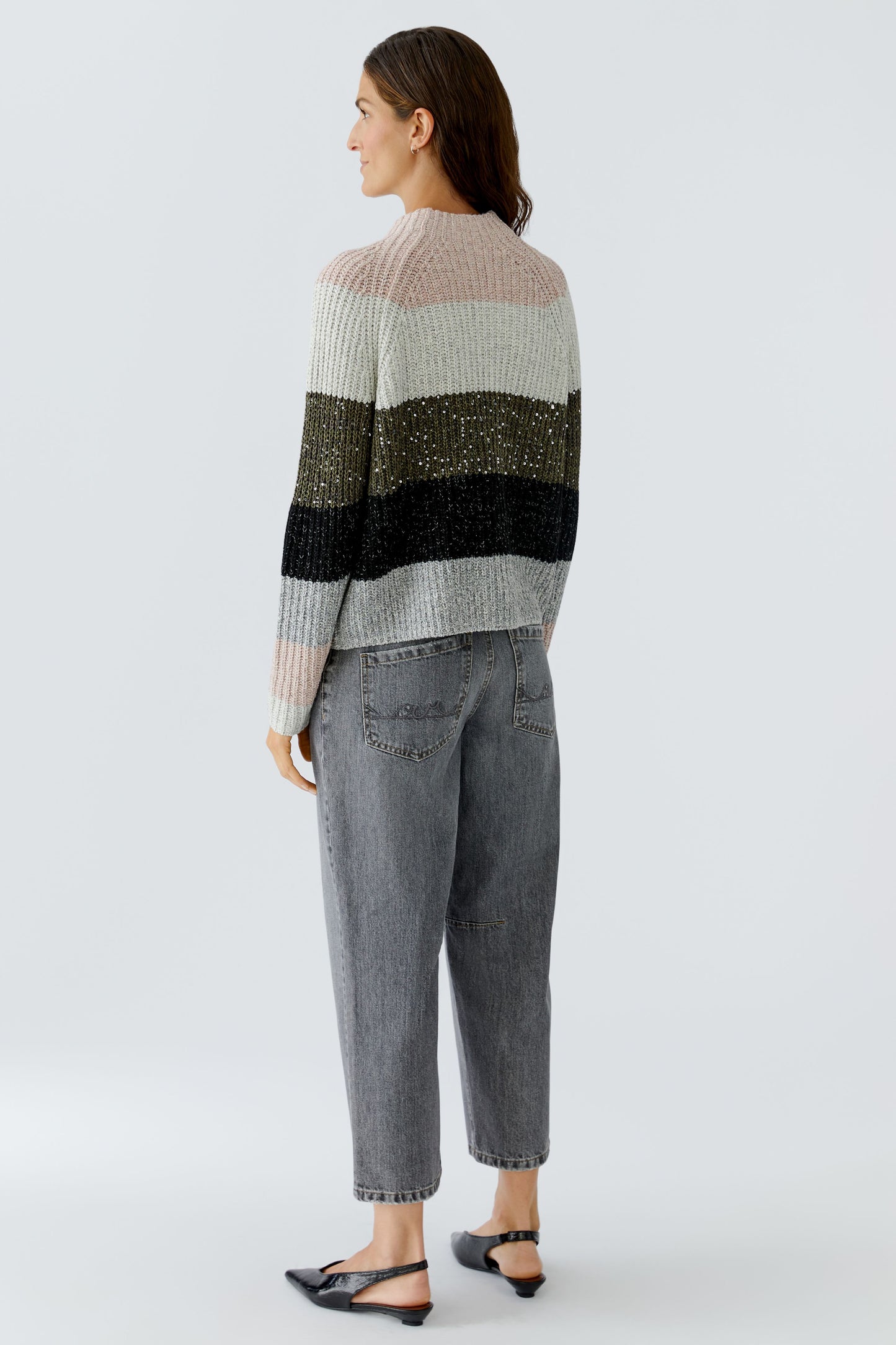 Oui Khaki/Rose Sequin/Metallic Striped Jumper