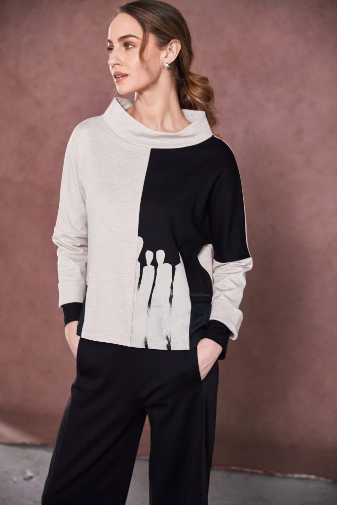 Naya Black/Sand Placement Print Funnel Neck Top