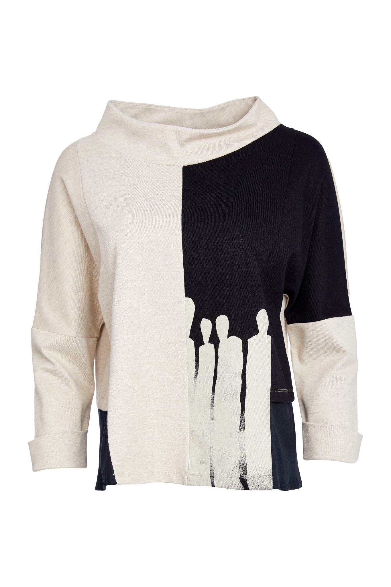 Naya Black/Sand Placement Print Funnel Neck Top