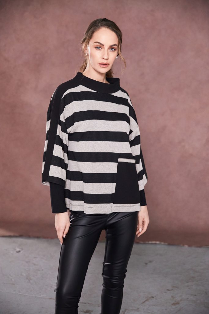 Naya Black/Taupe Striped High Neck Top