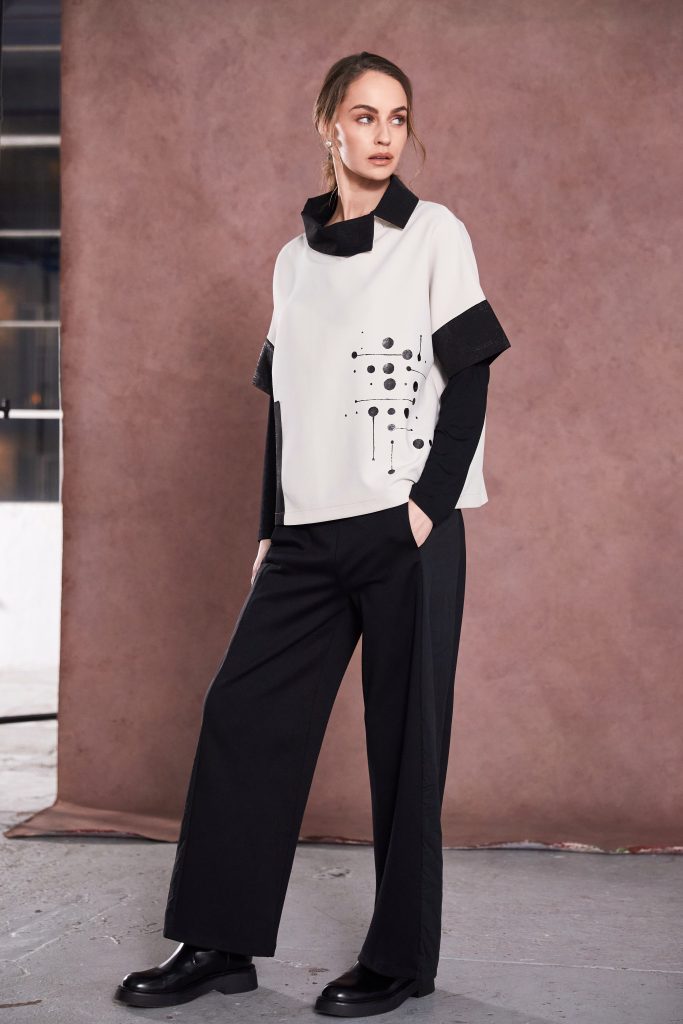 Naya Black/Sand Print Cut Away Collar Top