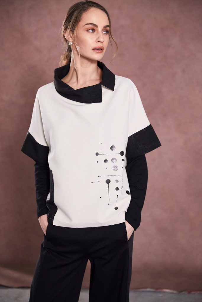 Naya Black/Sand Print Cut Away Collar Top