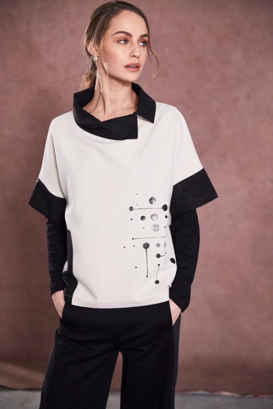 Naya Black/Sand Print Cut Away Collar Top