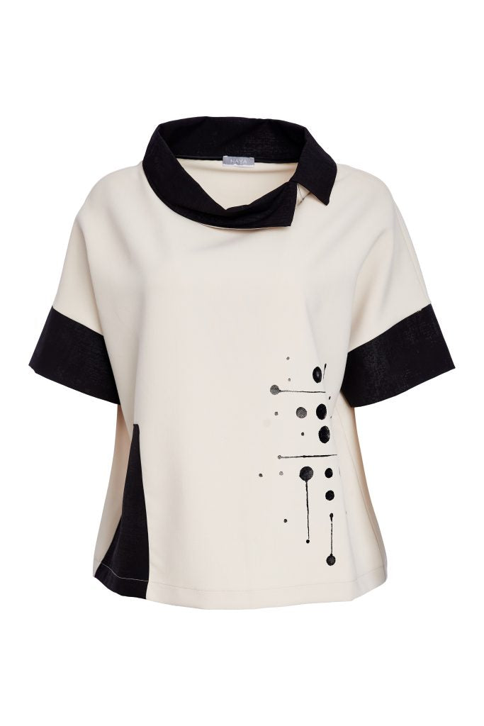 Naya Black/Sand Print Cut Away Collar Top