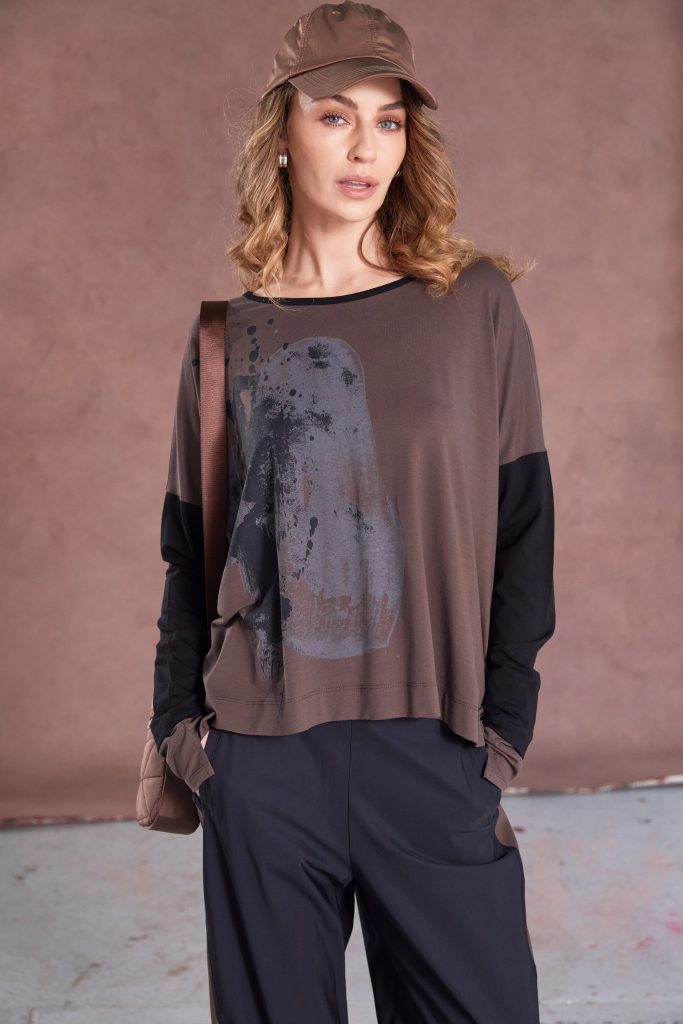 Naya Cocoa/Black Placement Print Top