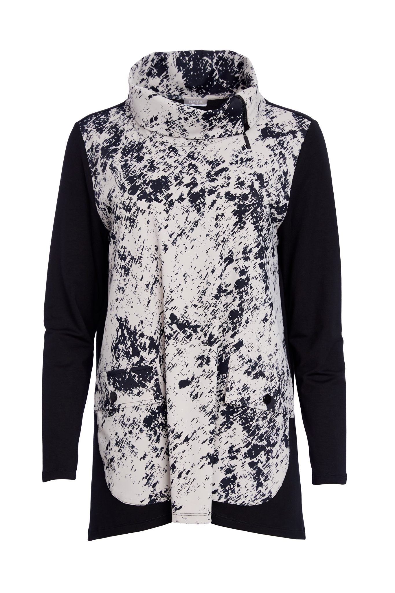 Naya Taupe/Black Mottled Print Zip Neck Top