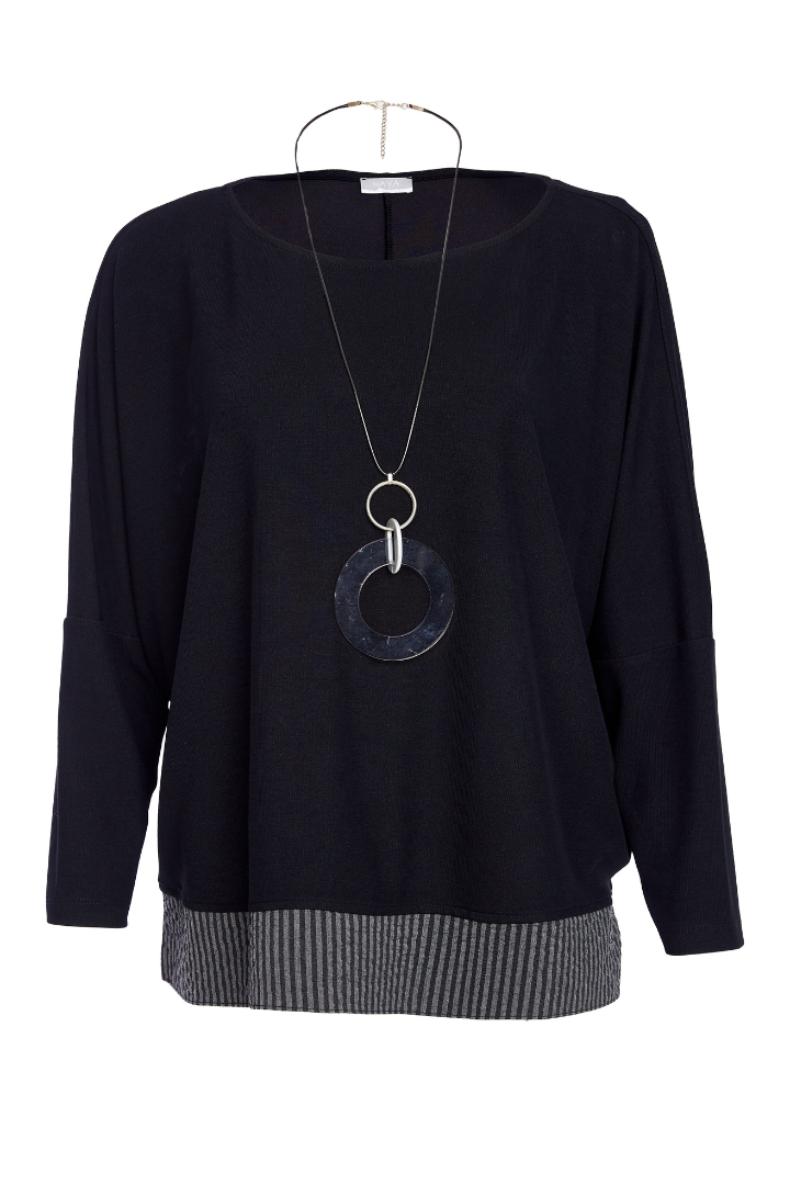 Naya Black/Grey Stripe Hem Top /Necklace