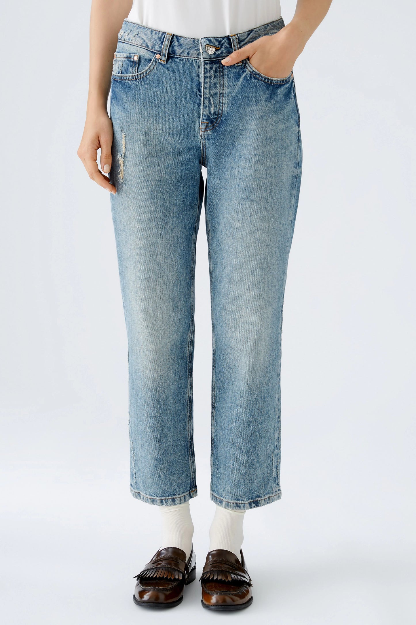 Oui Blue Straight Fit Cropped Jeans