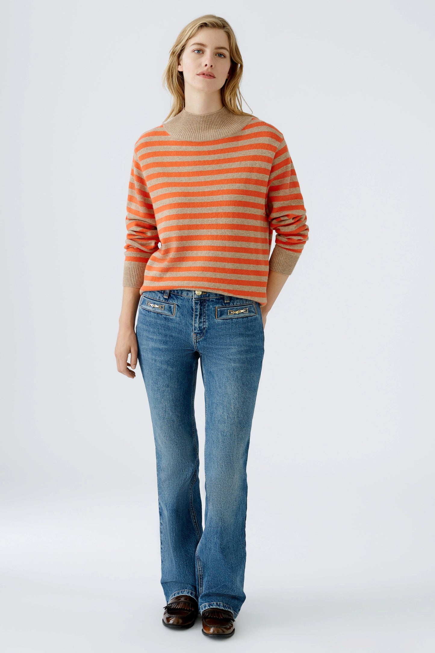 Oui Light Stone/Red Stripe Turtleneck Jumper