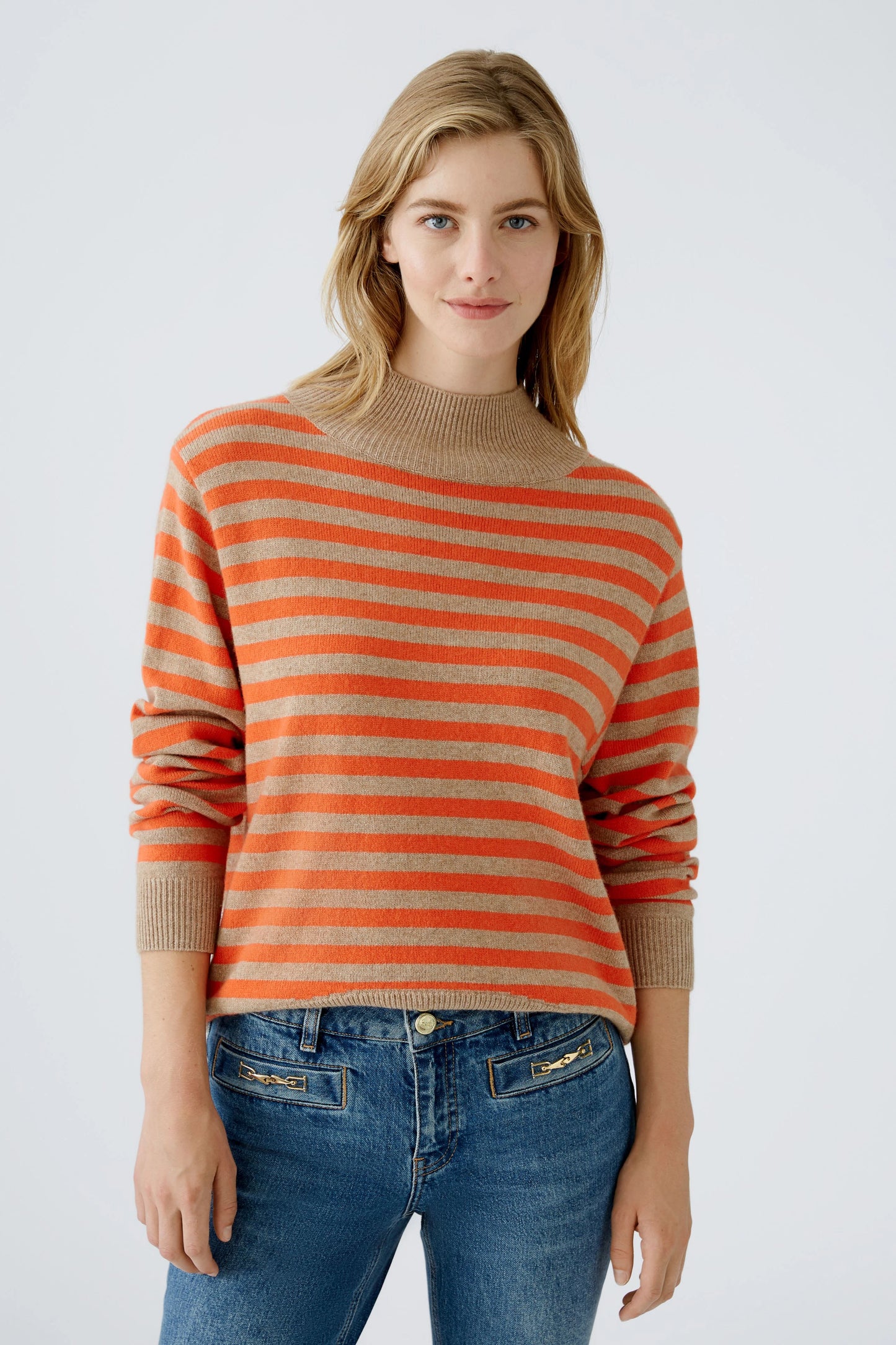 Oui Light Stone/Red Stripe Turtleneck Jumper