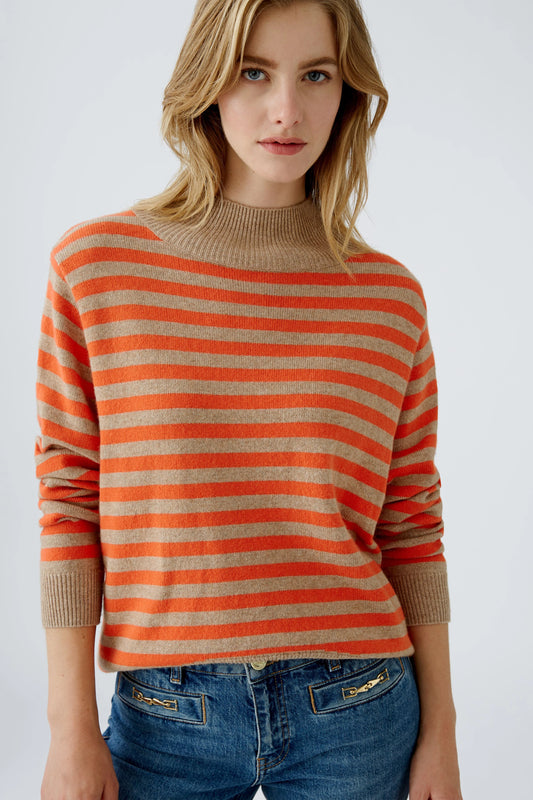 Oui Light Stone/Red Stripe Turtleneck Jumper