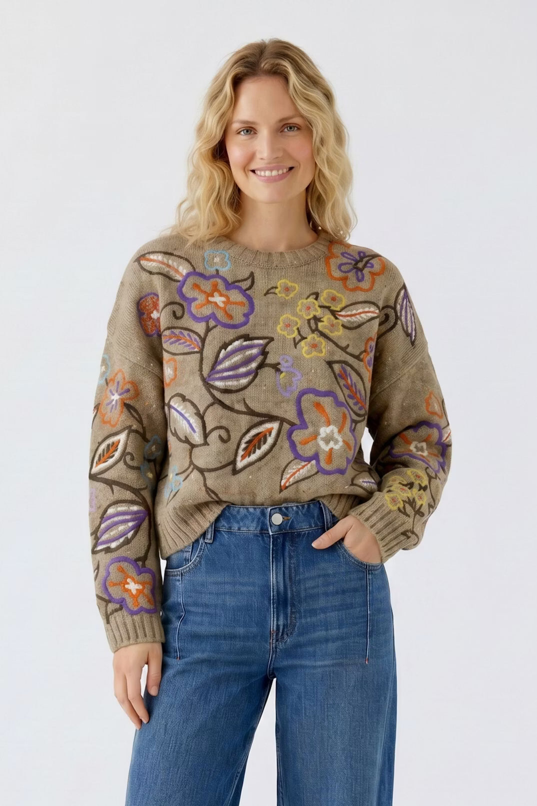 Oui Camel/Violet Floral Embroidery Jumper