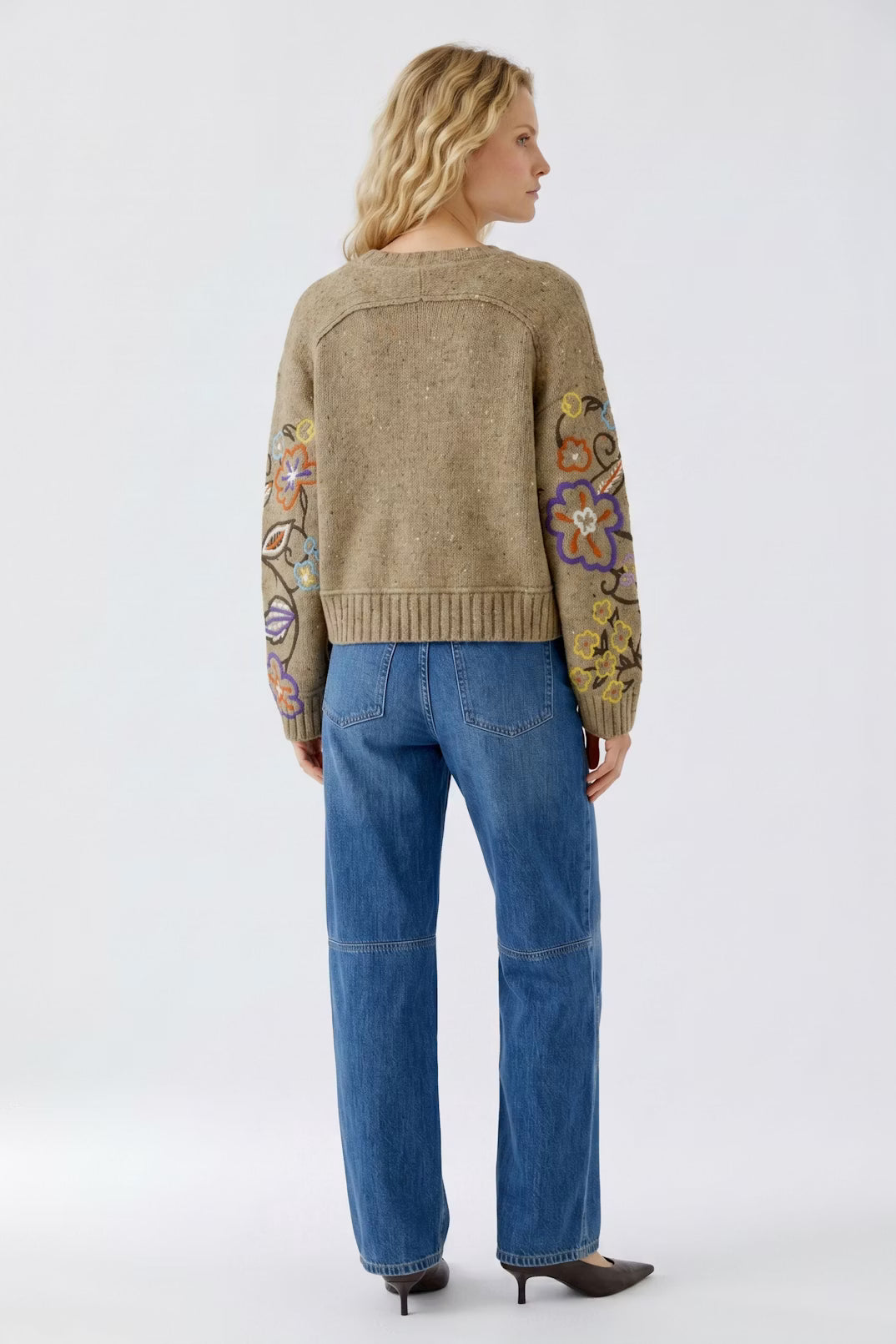 Oui Camel/Violet Floral Embroidery Jumper