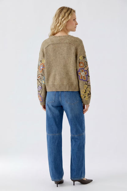Oui Camel/Violet Floral Embroidery Jumper