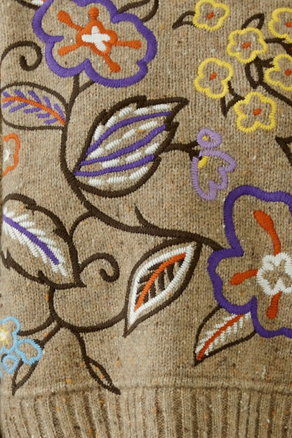 Oui Camel/Violet Floral Embroidery Jumper