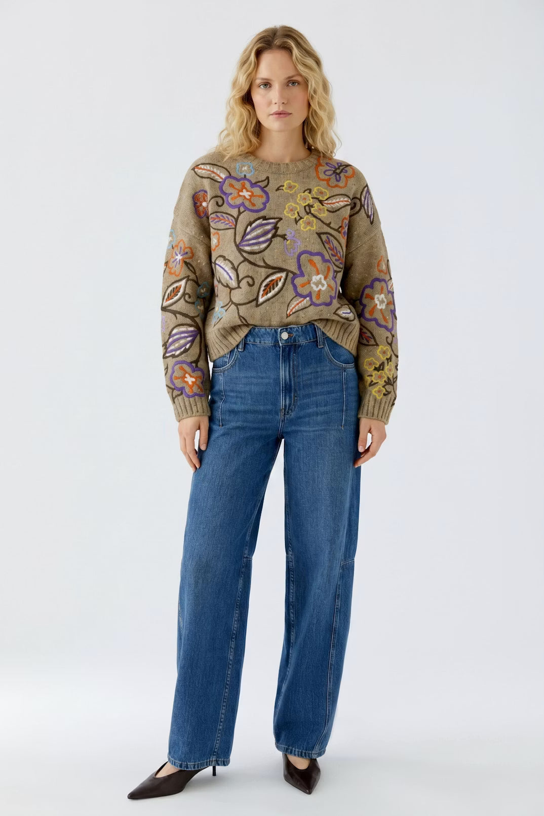 Oui Camel/Violet Floral Embroidery Jumper