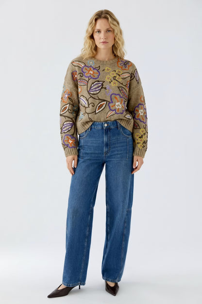 Oui Camel/Violet Floral Embroidery Jumper