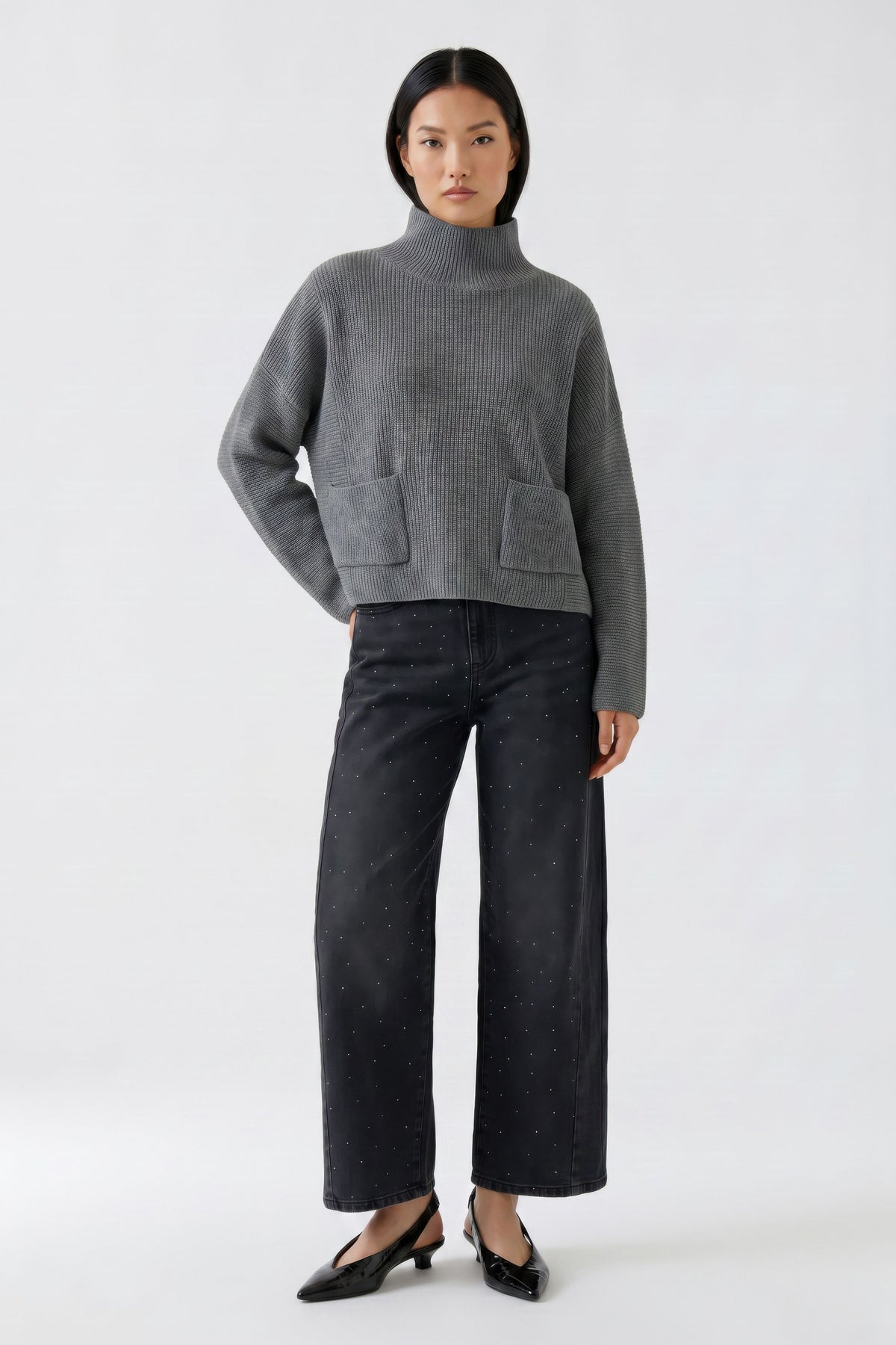 Oui Dark Grey Sparkle Barrel Jeans