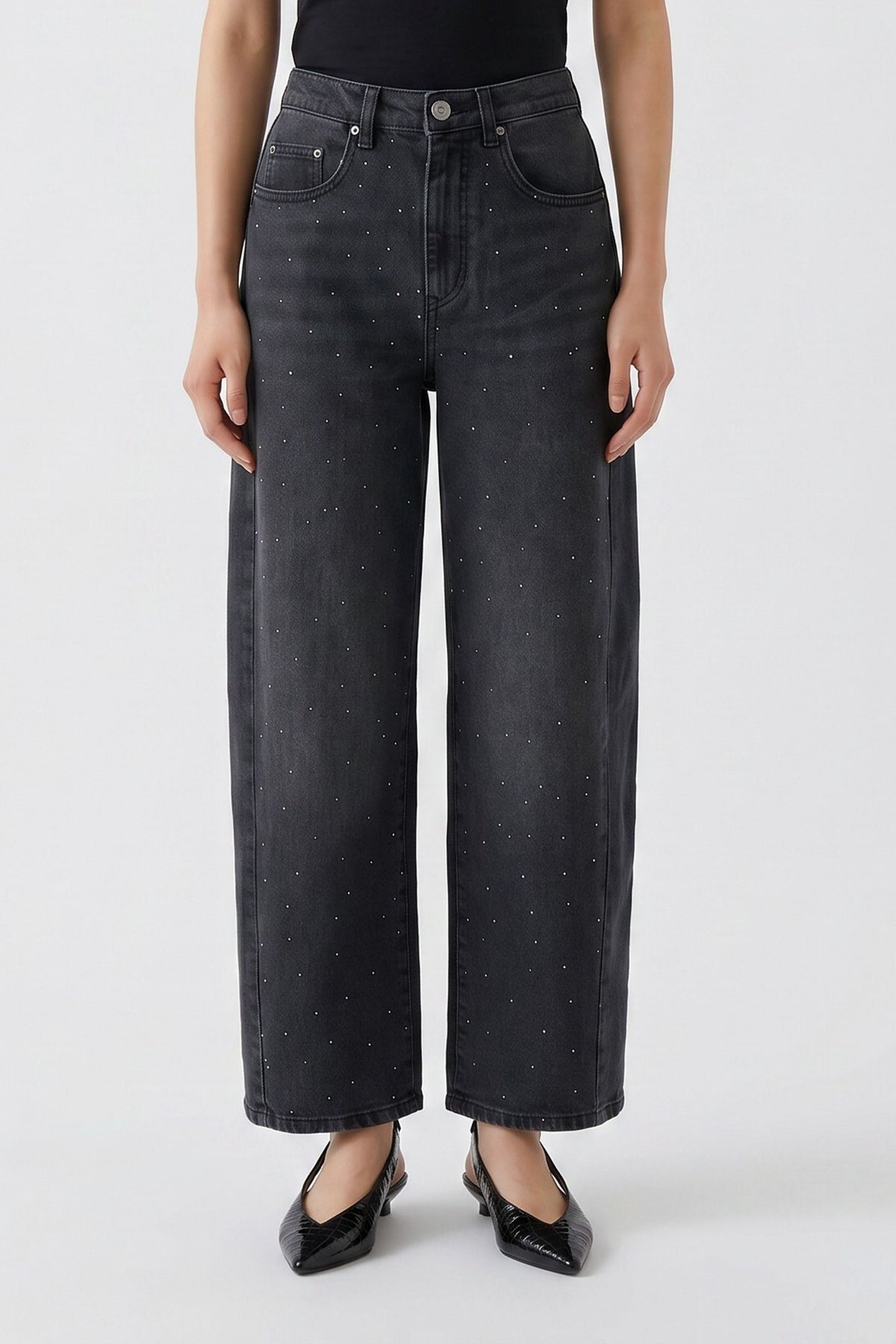 Oui Dark Grey Sparkle Barrel Jeans