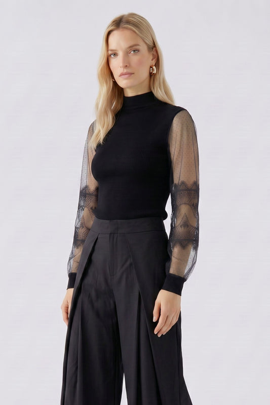 Oui Black Lace Sleeve Jumper