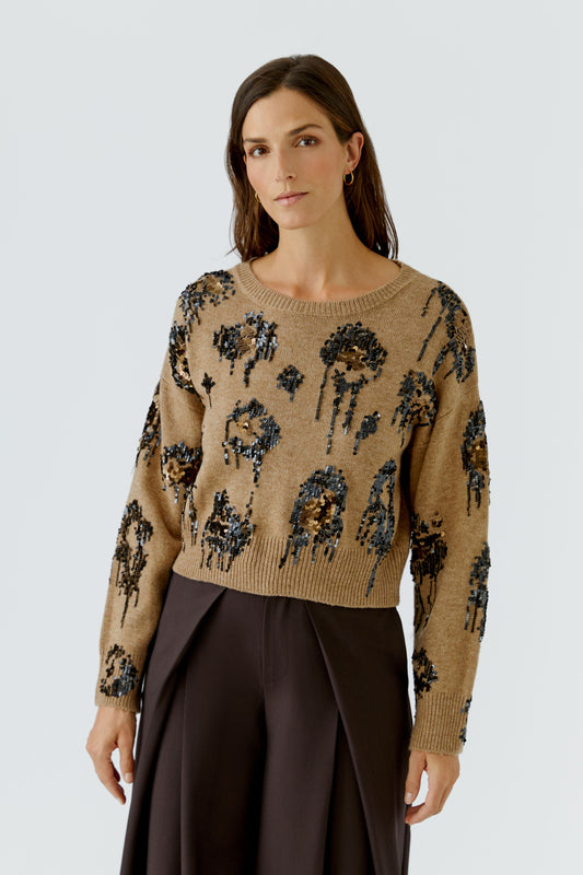 Oui Camel Animal Print Sequin Jumper