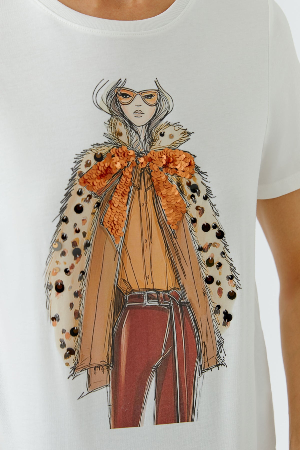 Oui Gardenia Lady Print Sequin T-Shirt