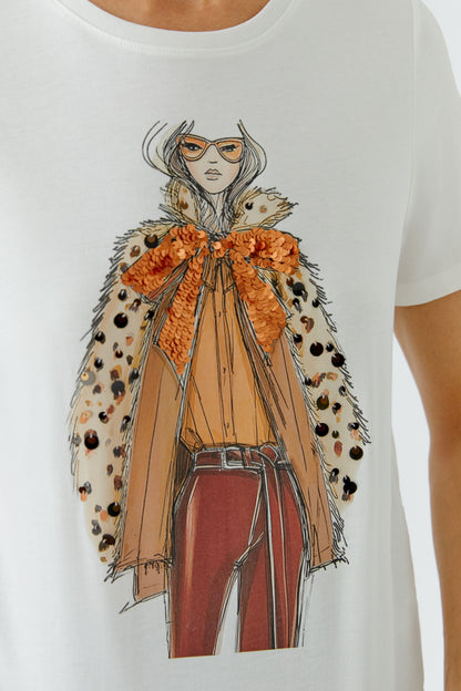 Oui Gardenia Lady Print Sequin T-Shirt