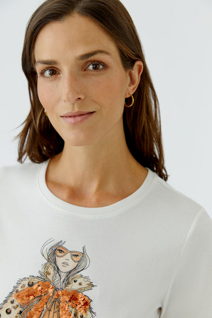 Oui Gardenia Lady Print Sequin T-Shirt