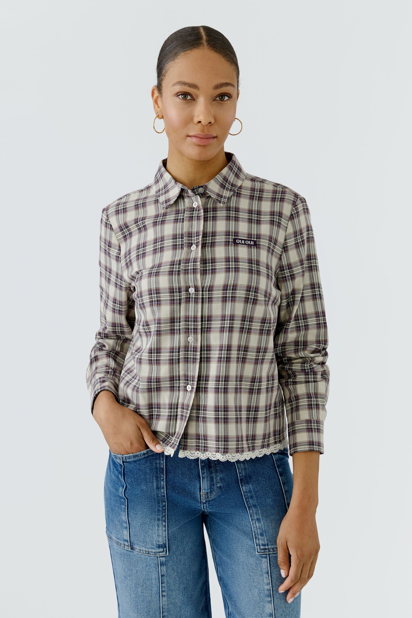 Oui Light Camel/Lilac Check Shirt