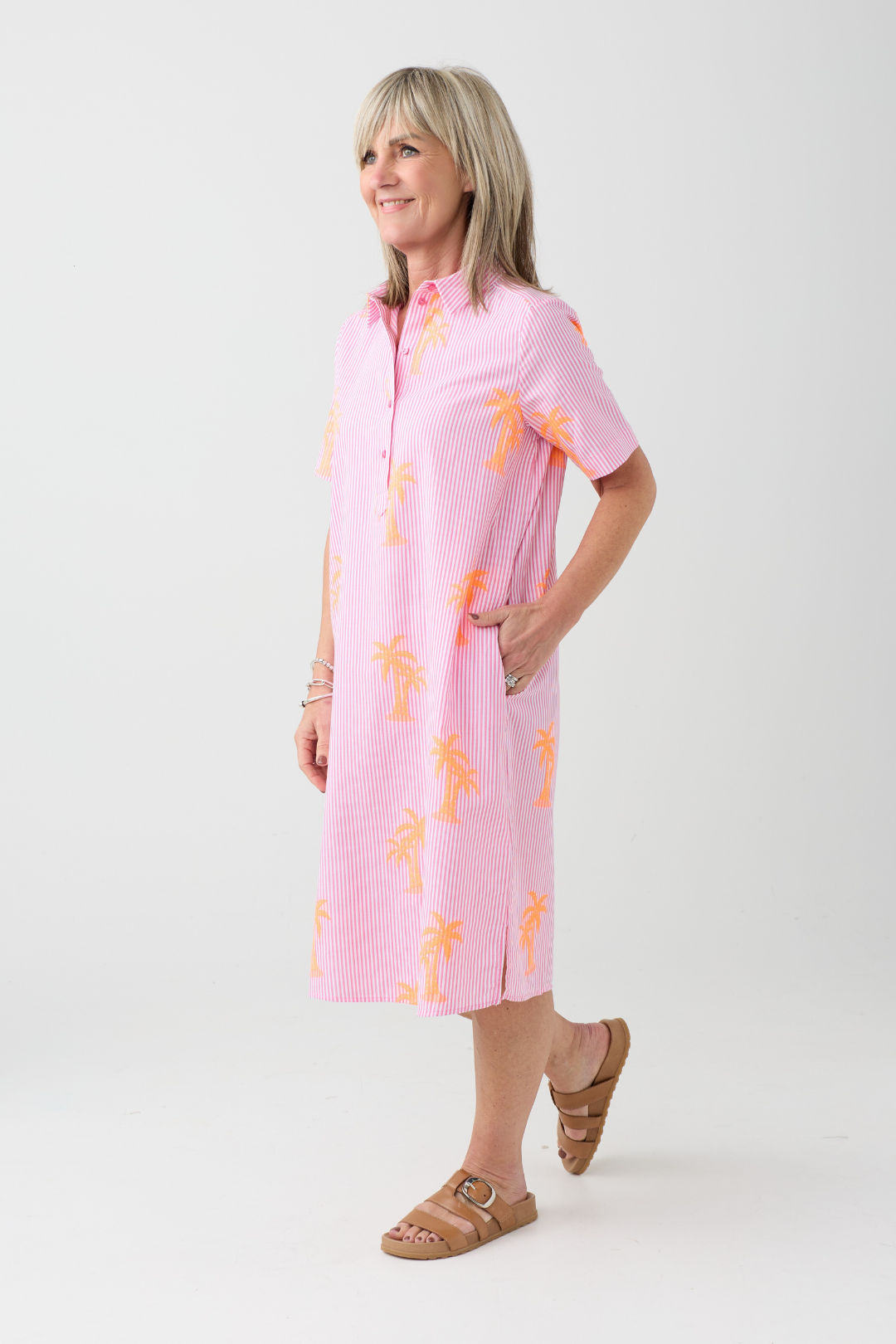 Milano Pink Stripe/ Neon Palm Tree Shirt Dress