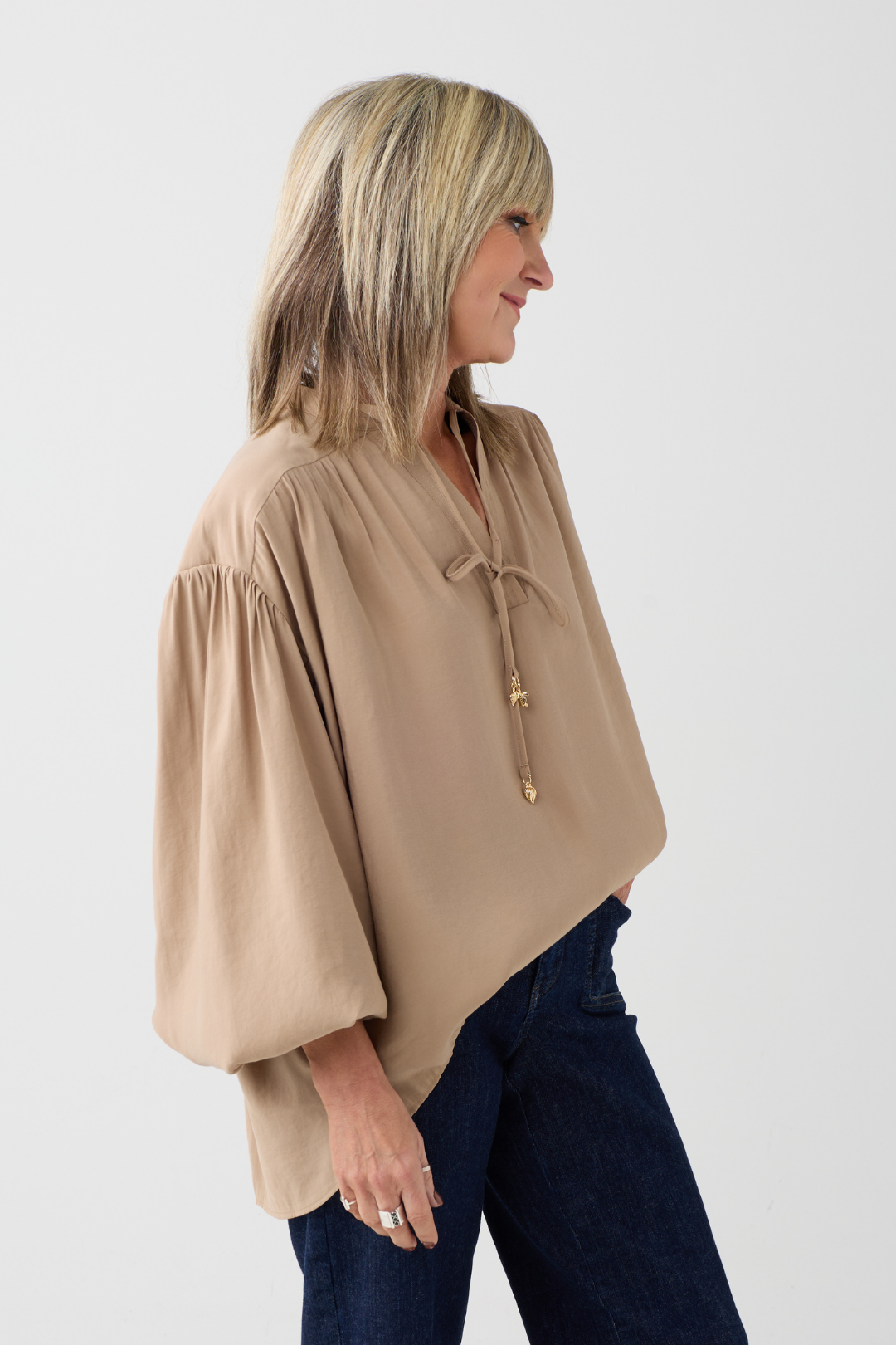 Milano Toffee Volume Sleeve/Tie Neck Blouse