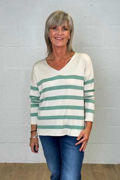 Milano Sage and Sand Stripe Jumper with V Neck