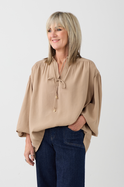 Milano Toffee Volume Sleeve/Tie Neck Blouse