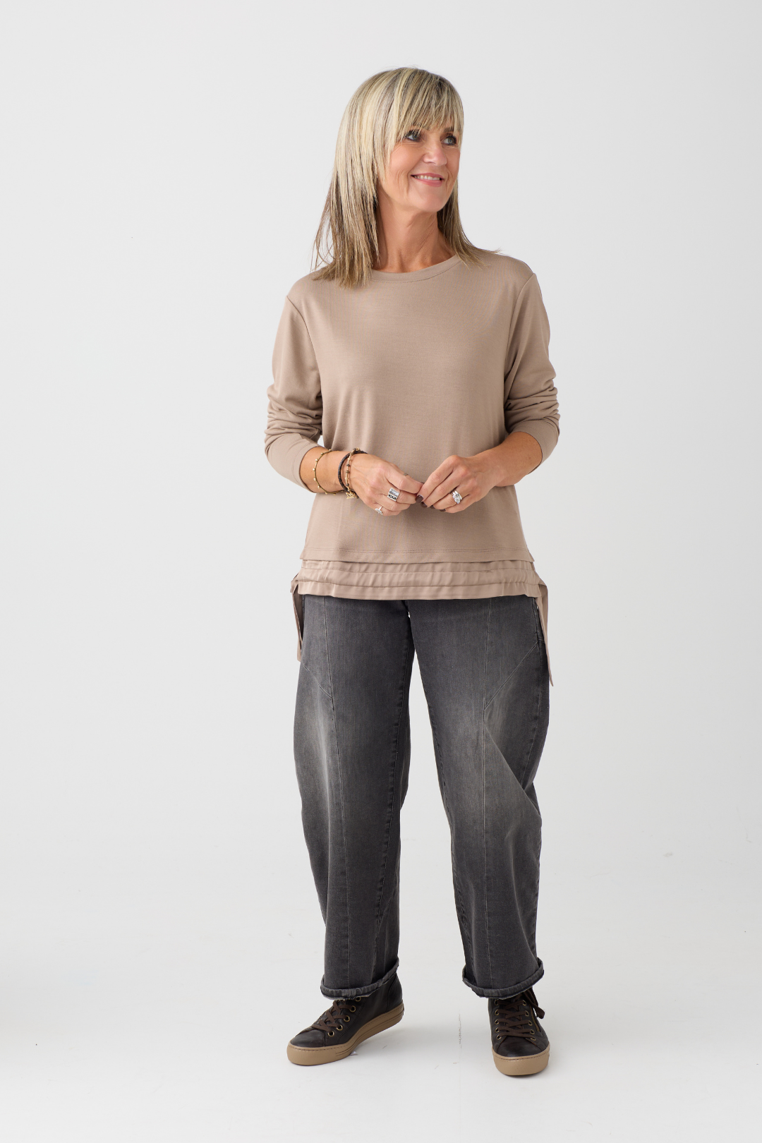 Margittes Biscuit Long Sleeve Drawstring Top