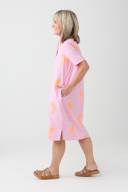 Milano Pink Stripe/ Neon Palm Tree Shirt Dress