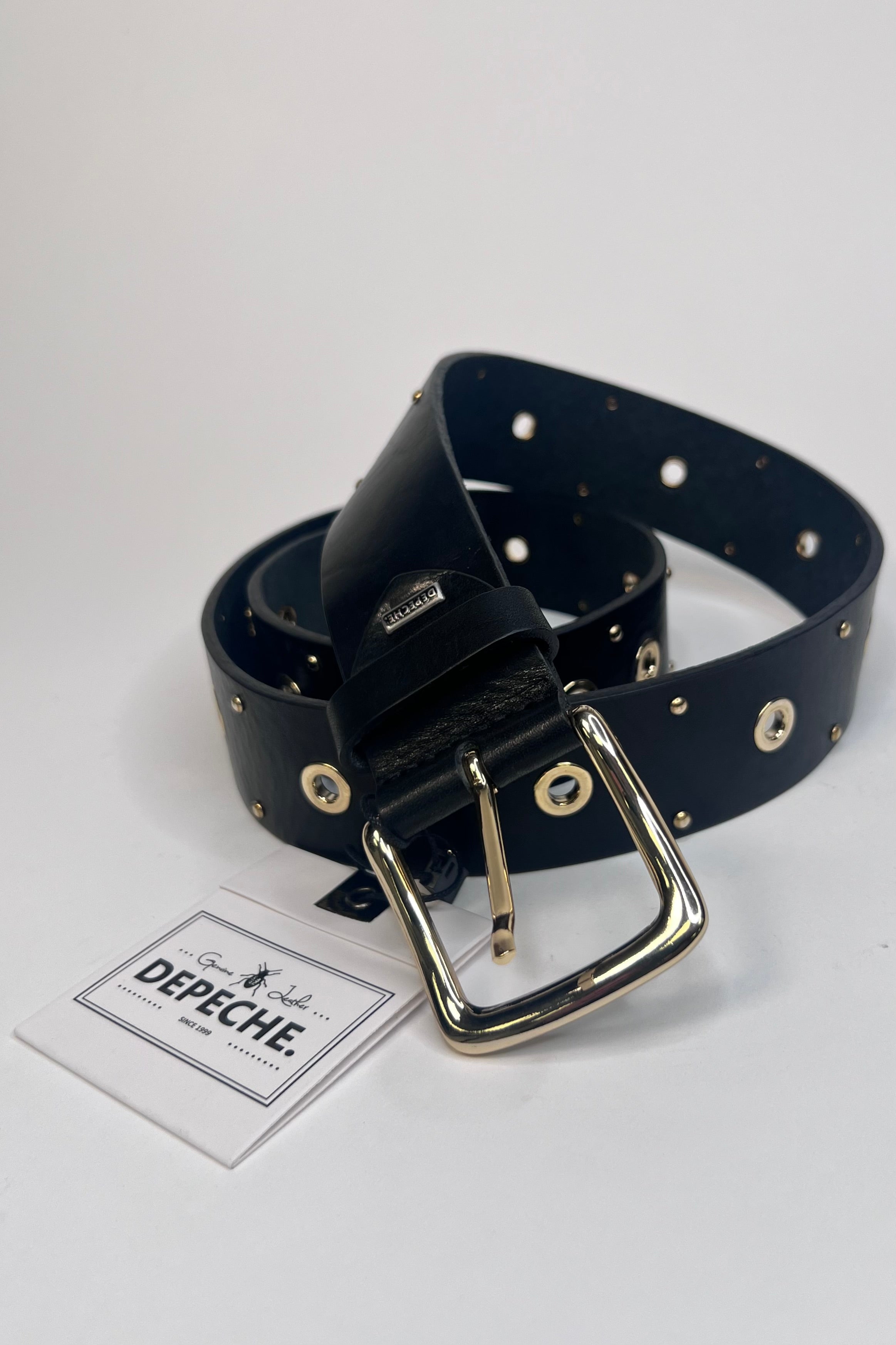 Depeche Black Leather Jeans Belt Gold Hardware