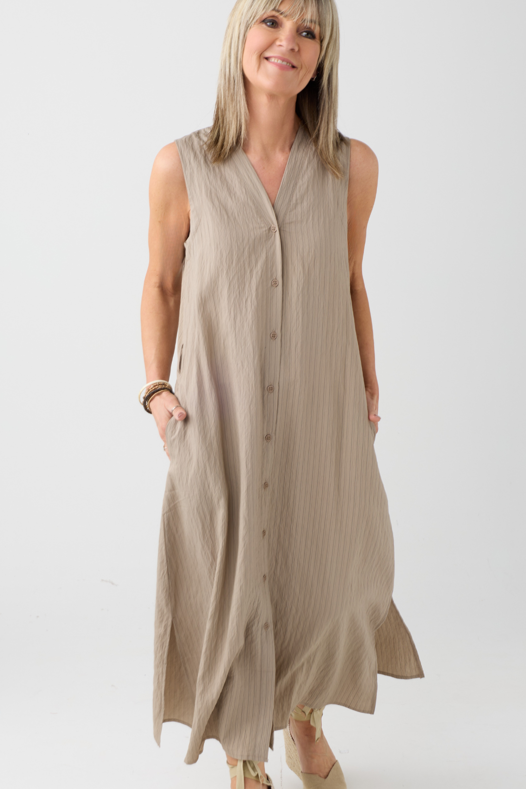 Humility BRITANY Taupe Stripe Sleeveless Dress