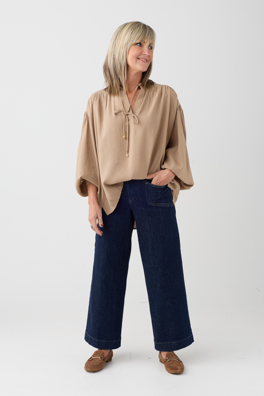 Milano Toffee Volume Sleeve/Tie Neck Blouse