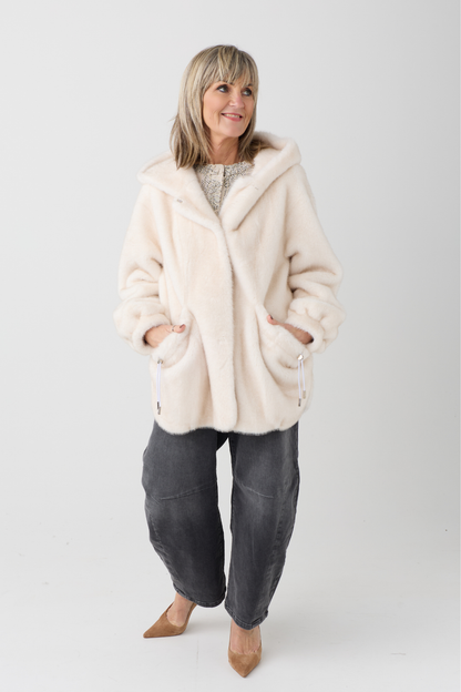 Selena Ecru Hooded Faux Fur Coat