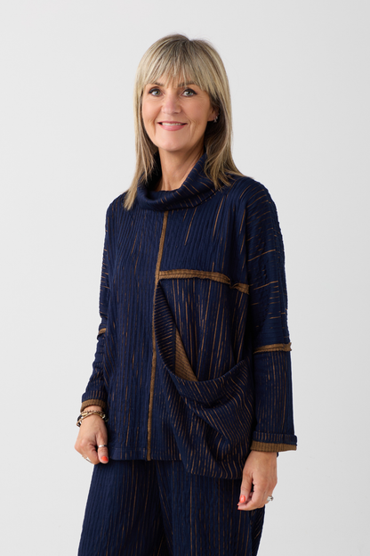 Ozai n Ku Blue/Mustard Cowl Neck Top 077